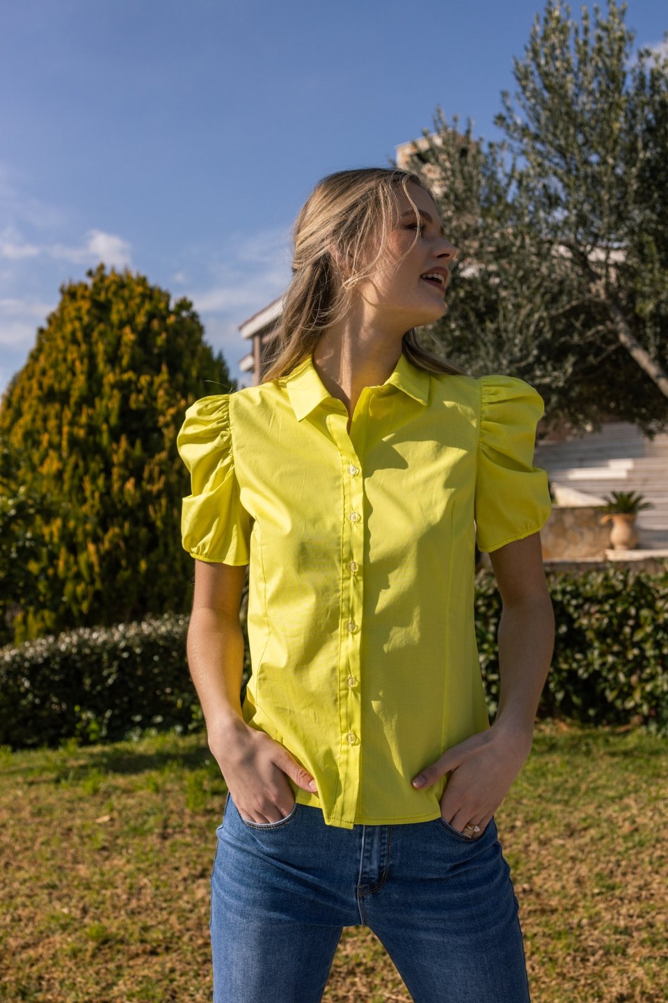 Πουκάμισο με φουσκωτά μανίκια κίτρινο