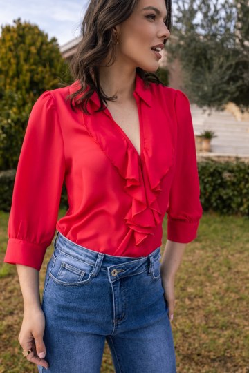 Μπλούζα κρουαζέ με βολάν στο γιακά κόκκινη