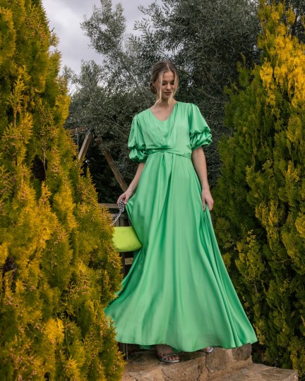 Φόρεμα με λάστιχο στα μανίκια πράσινο - 