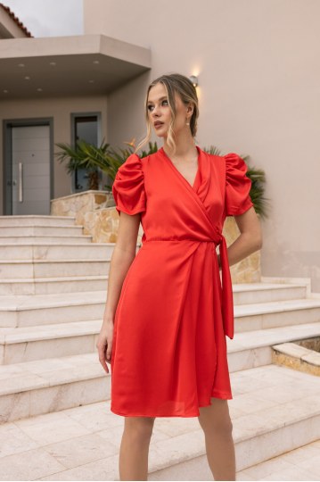 Φόρεμα με βολάν στα μανίκια κόκκινο - 