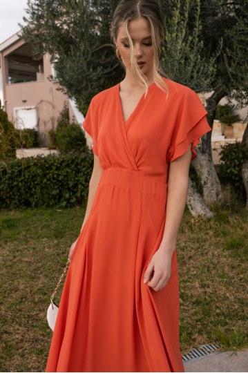 Φόρεμα με βολάν στα μανίκια κοραλί - 