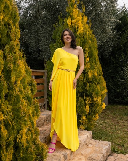 Φόρεμα με έναν ώμο και βολάν κίτρινο - 